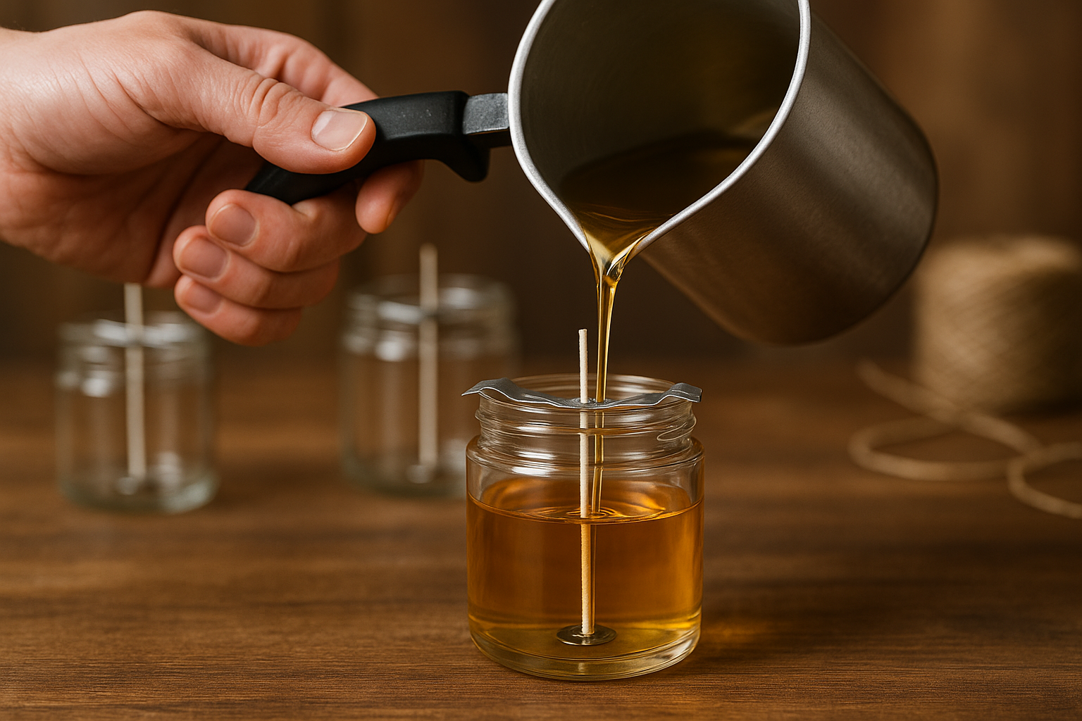 hand holds black handle
wax pours besides the wick holder